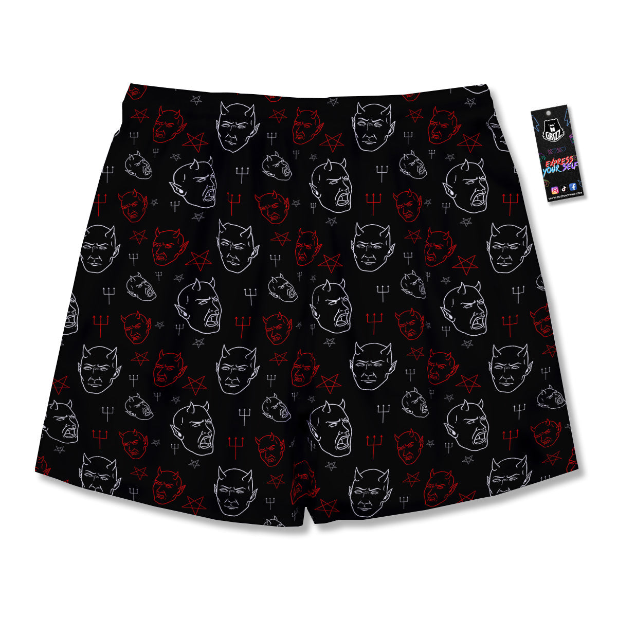 Red White Satan Head Print Pattern Men's Running Shorts-grizzshop