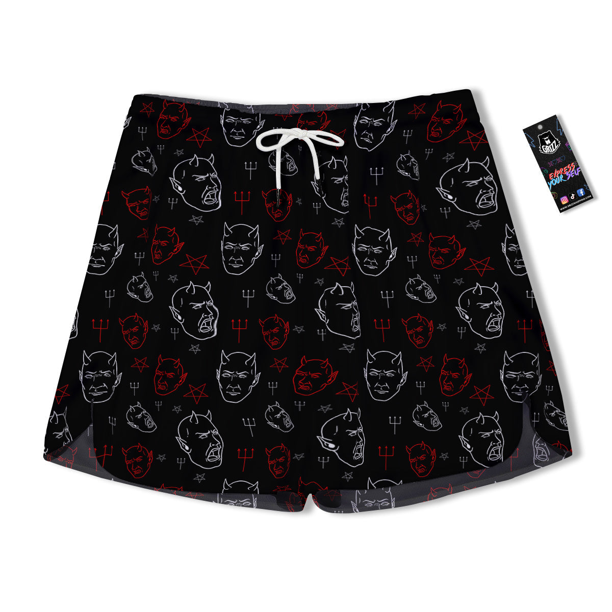 Red White Satan Head Print Pattern Men's Running Shorts-grizzshop