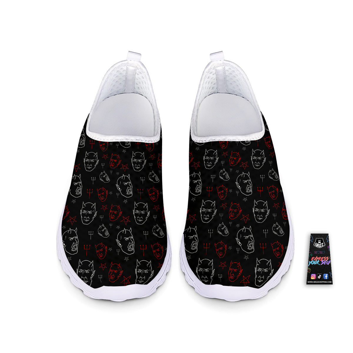 Red White Satan Head Print Pattern Nurse Shoes-grizzshop