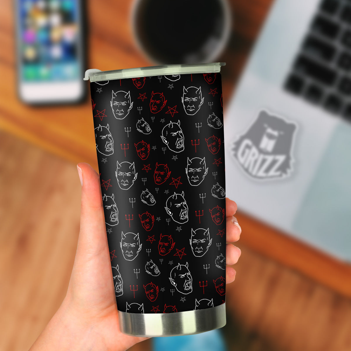 Red White Satan Head Print Pattern Tumbler-grizzshop