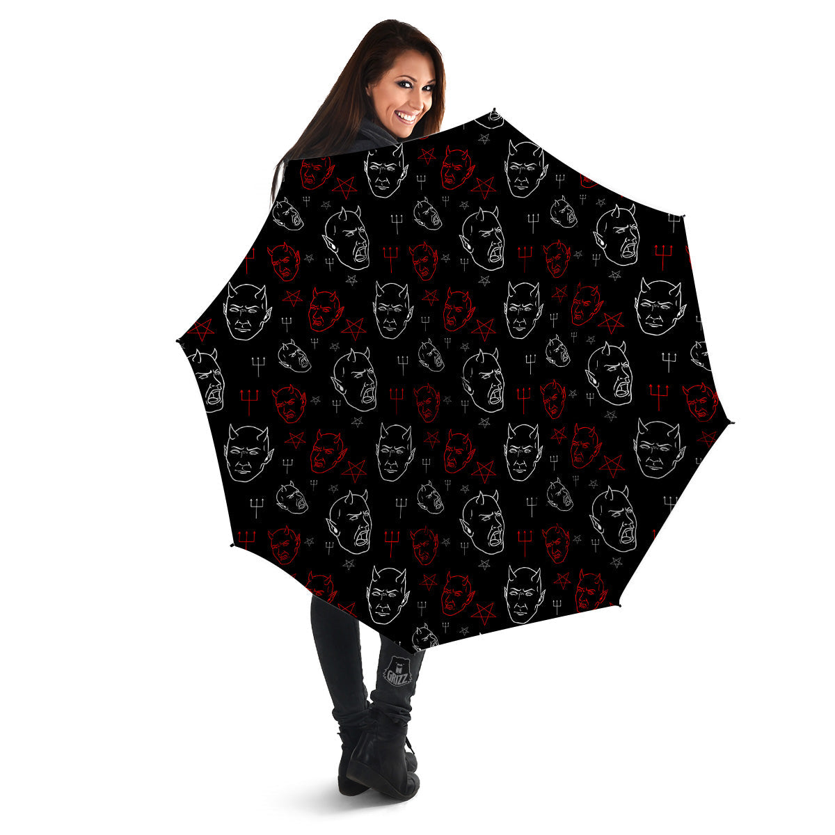 Red White Satan Head Print Pattern Umbrella-grizzshop