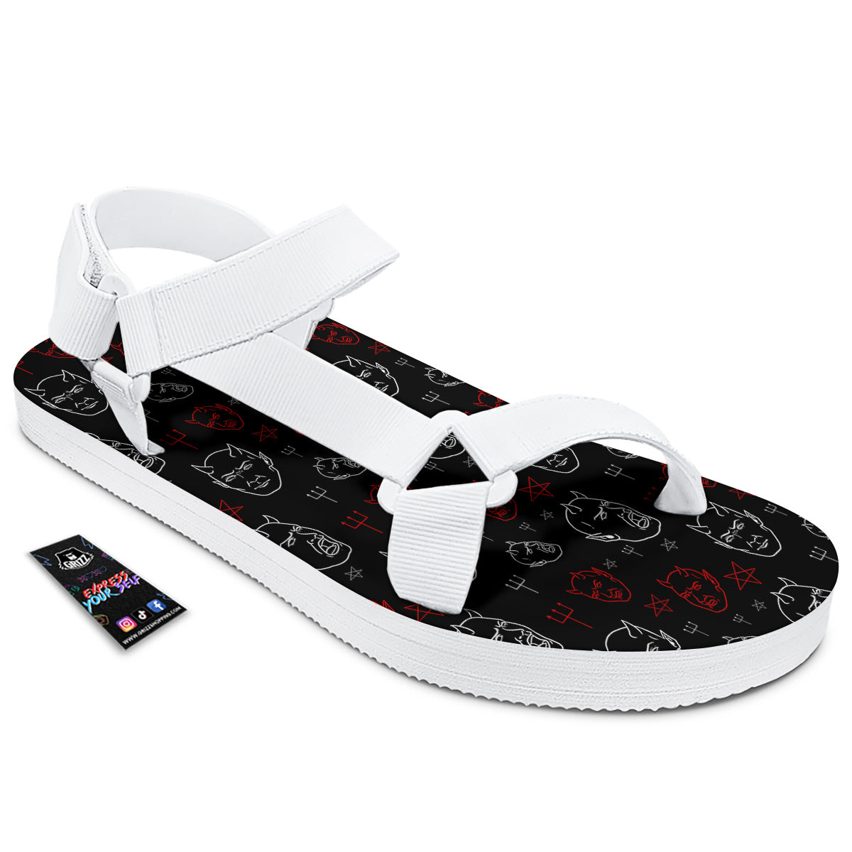 Red White Satan Head Print Pattern White Open Toe Sandals-grizzshop