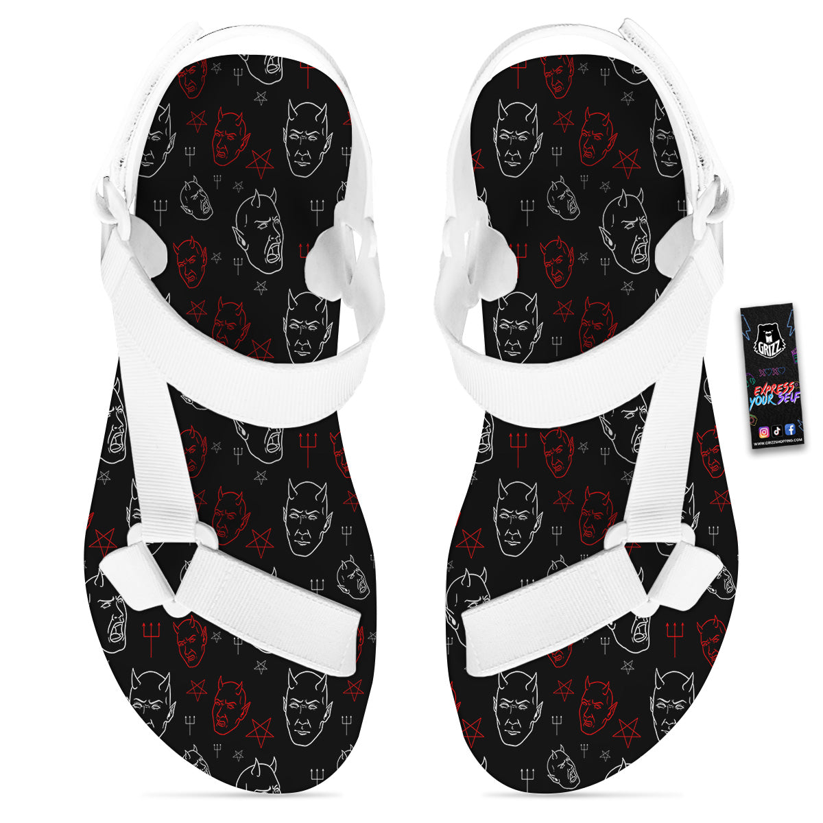 Red White Satan Head Print Pattern White Open Toe Sandals-grizzshop