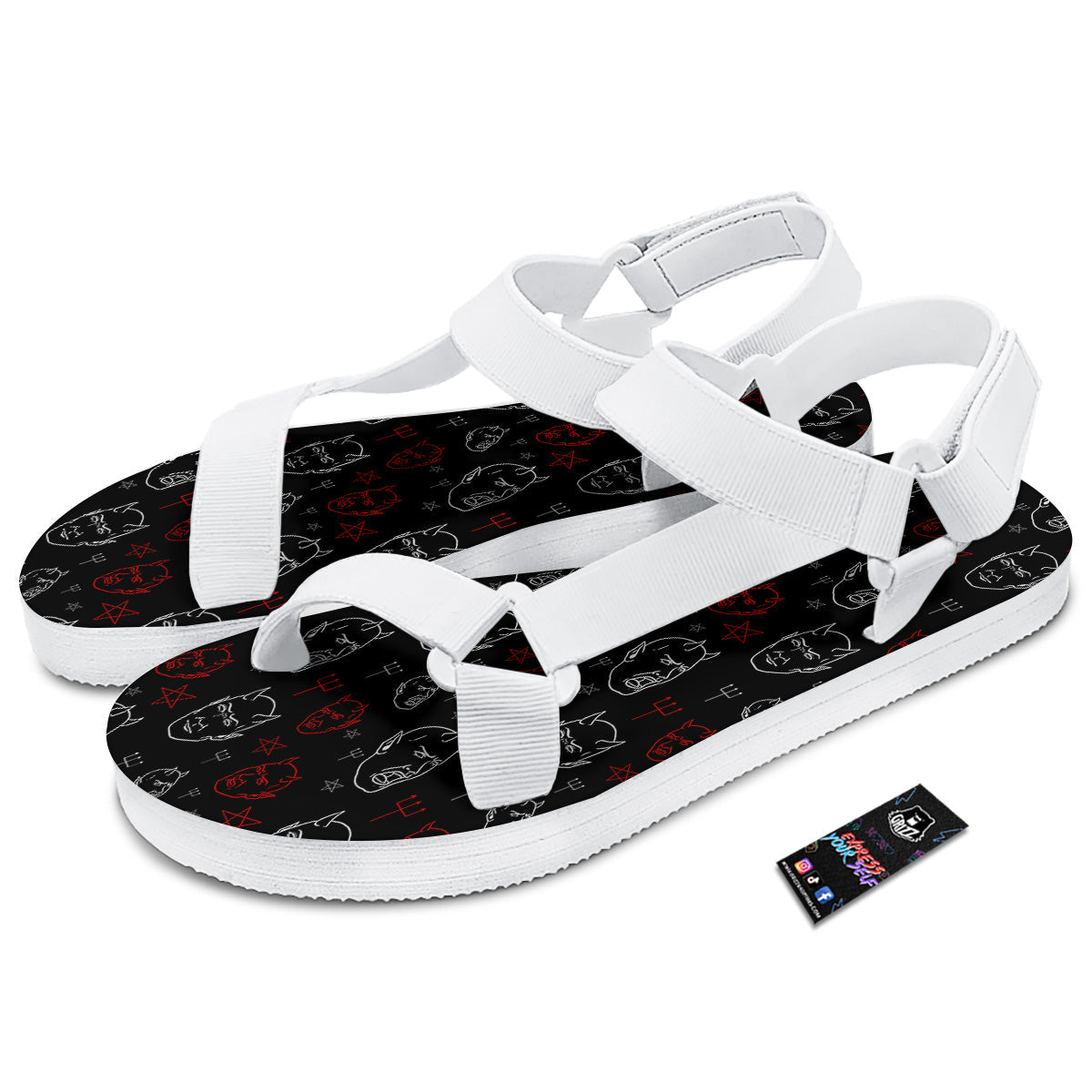 Red White Satan Head Print Pattern White Open Toe Sandals-grizzshop
