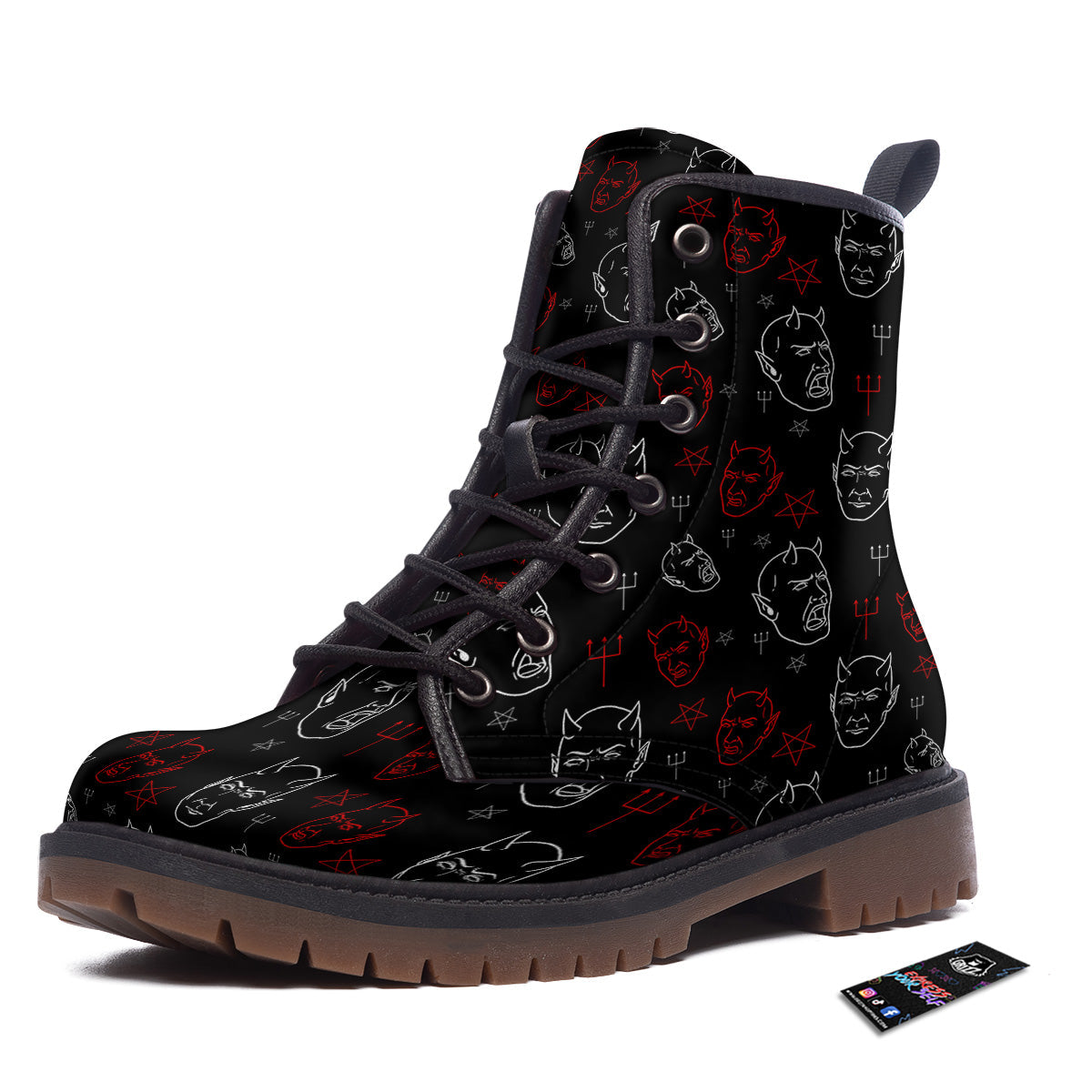 Red White Satan Head Print Pattern Work Boots-grizzshop