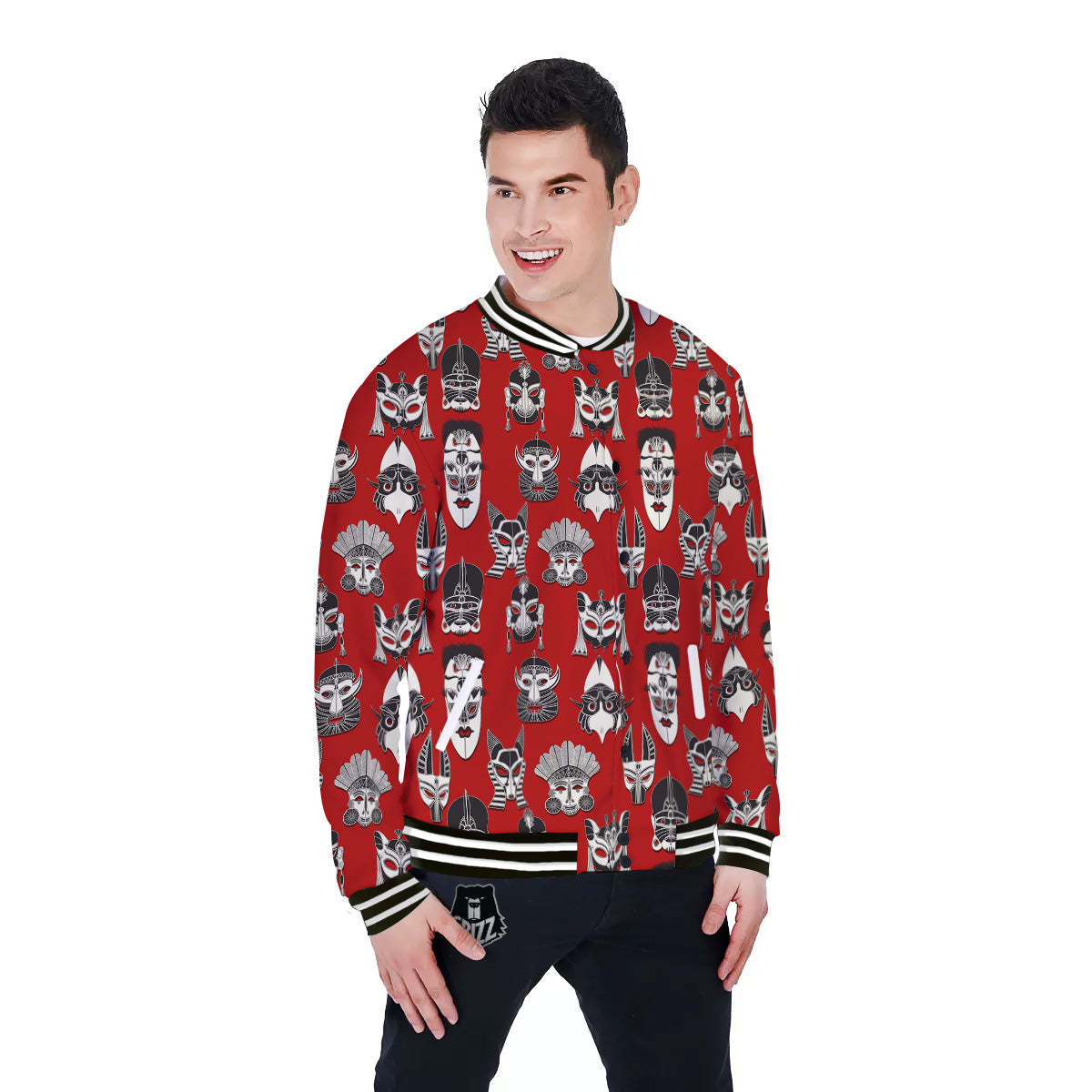 Red White Tribal Mask Print Pattern Baseball Jacket-grizzshop