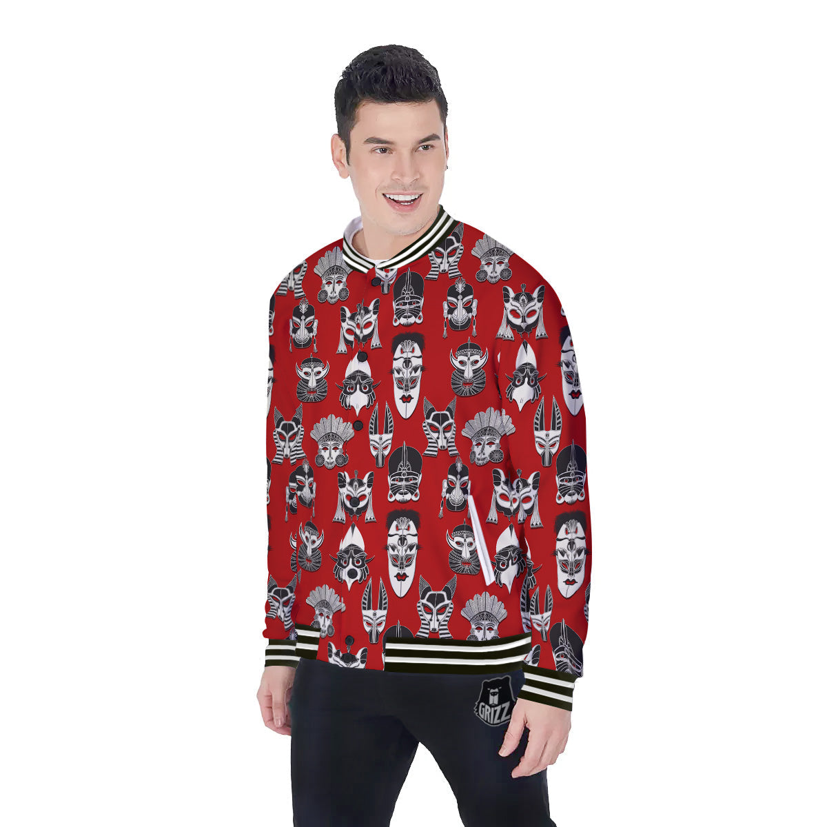 Red White Tribal Mask Print Pattern Baseball Jacket-grizzshop