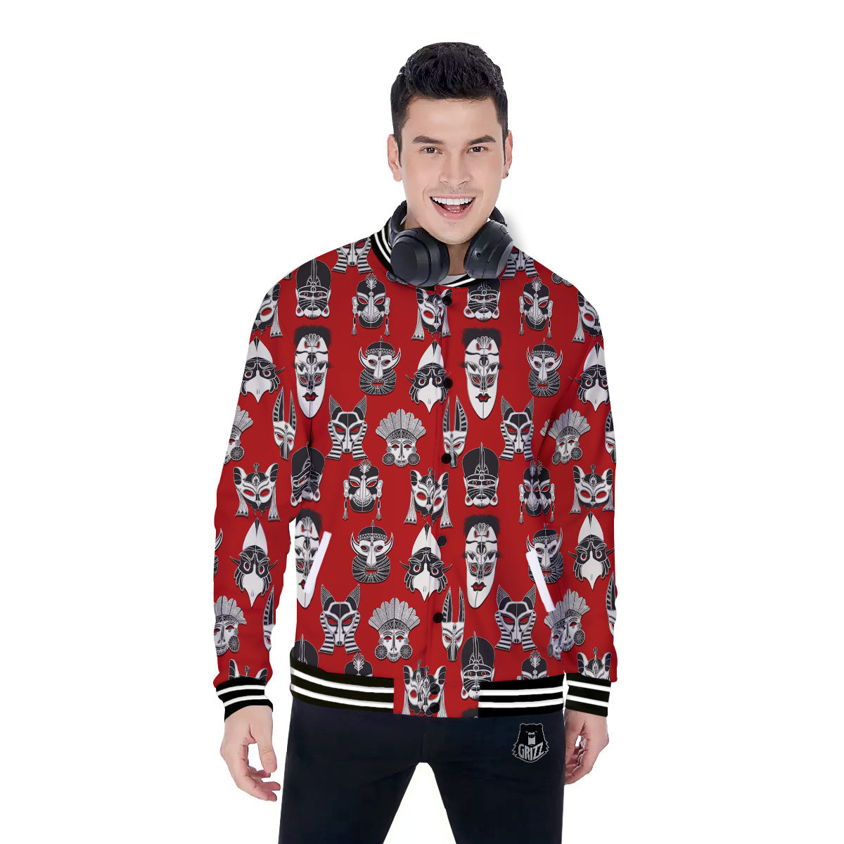 Red White Tribal Mask Print Pattern Baseball Jacket-grizzshop