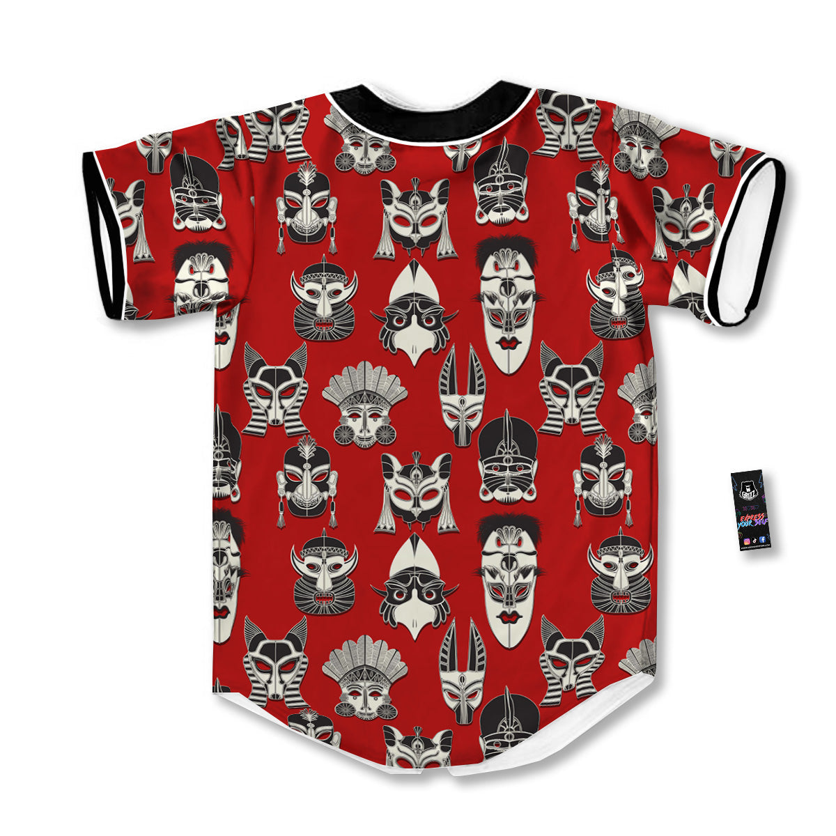 Red White Tribal Mask Print Pattern Baseball Jersey-grizzshop