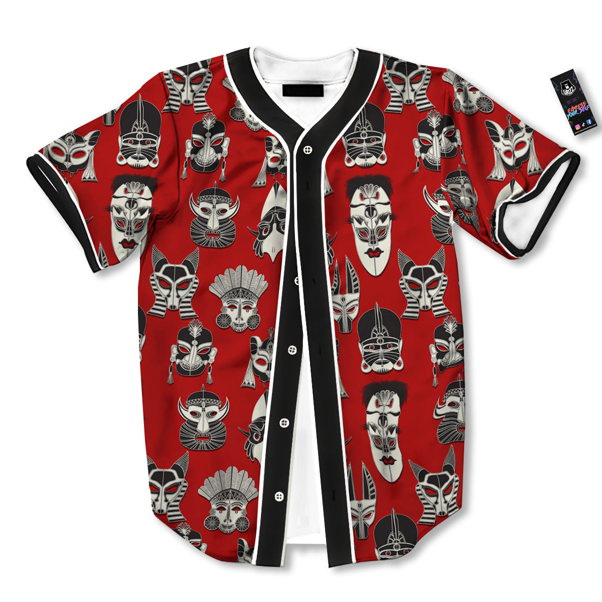 Red White Tribal Mask Print Pattern Baseball Jersey-grizzshop