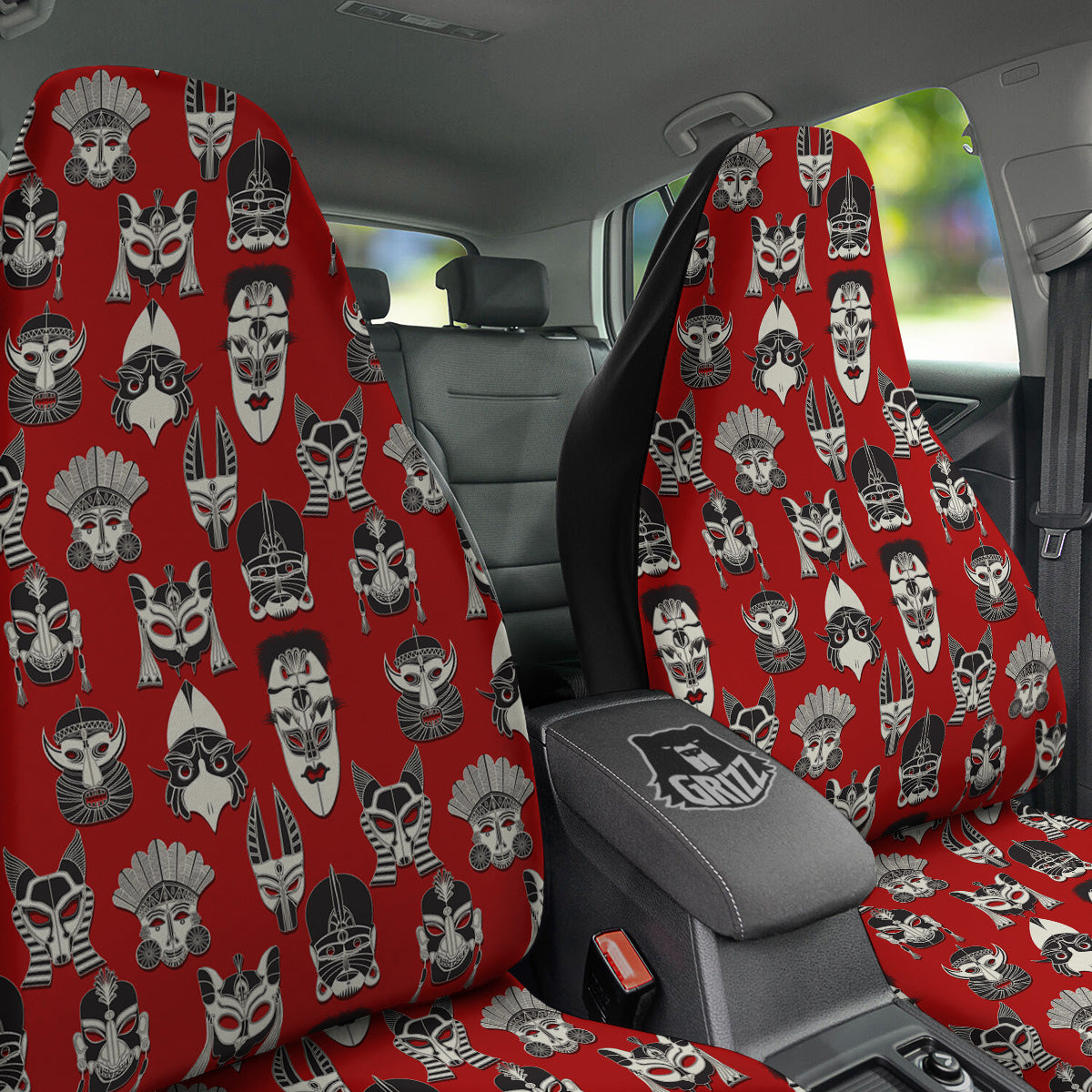 Red White Tribal Mask Print Pattern Car Seat Covers-grizzshop