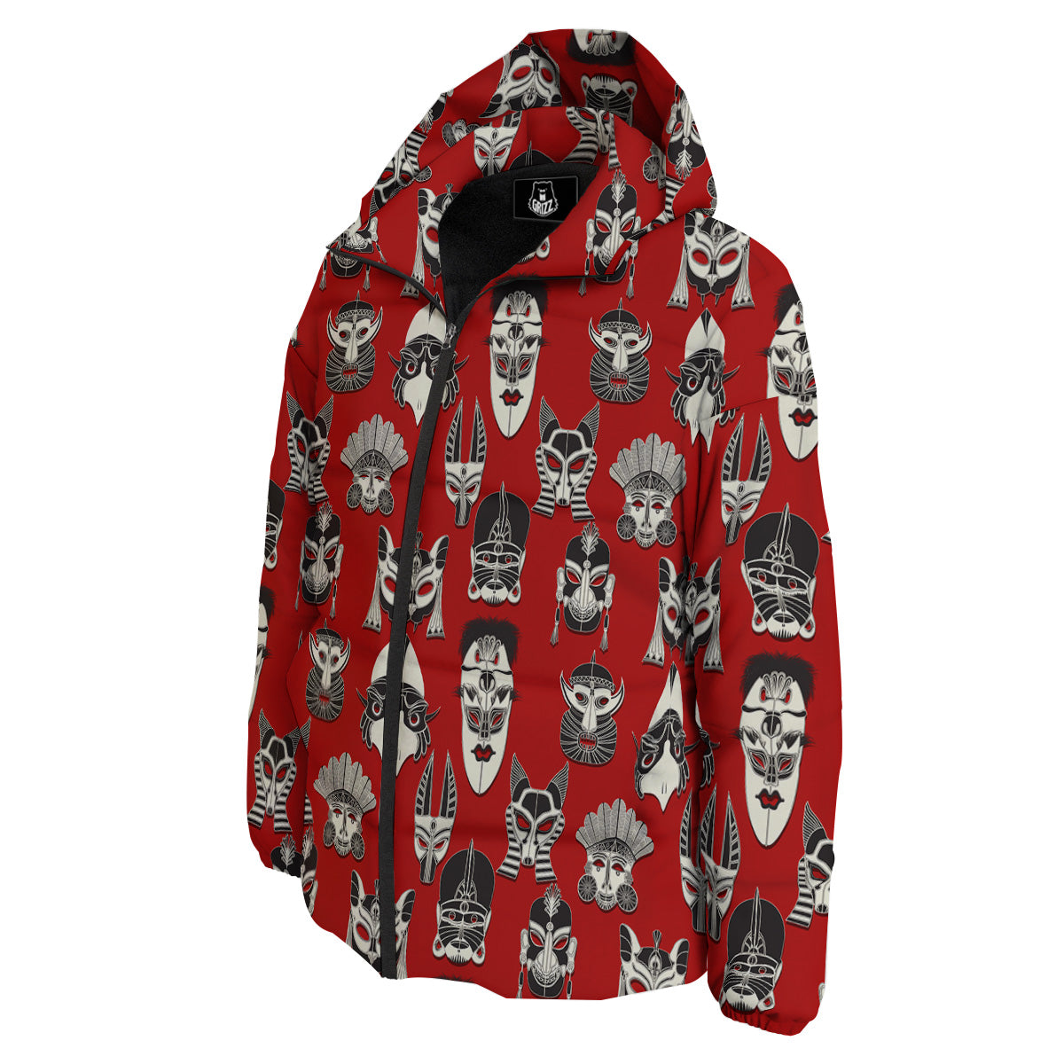 Red White Tribal Mask Print Pattern Down Jacket-grizzshop
