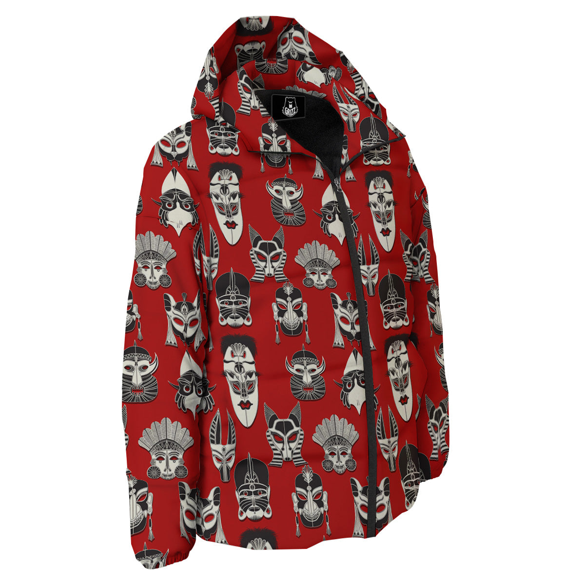 Red White Tribal Mask Print Pattern Down Jacket-grizzshop