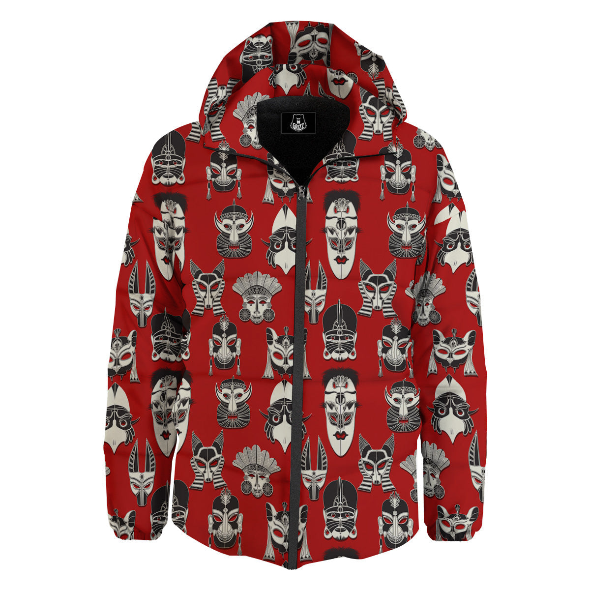 Red White Tribal Mask Print Pattern Down Jacket-grizzshop