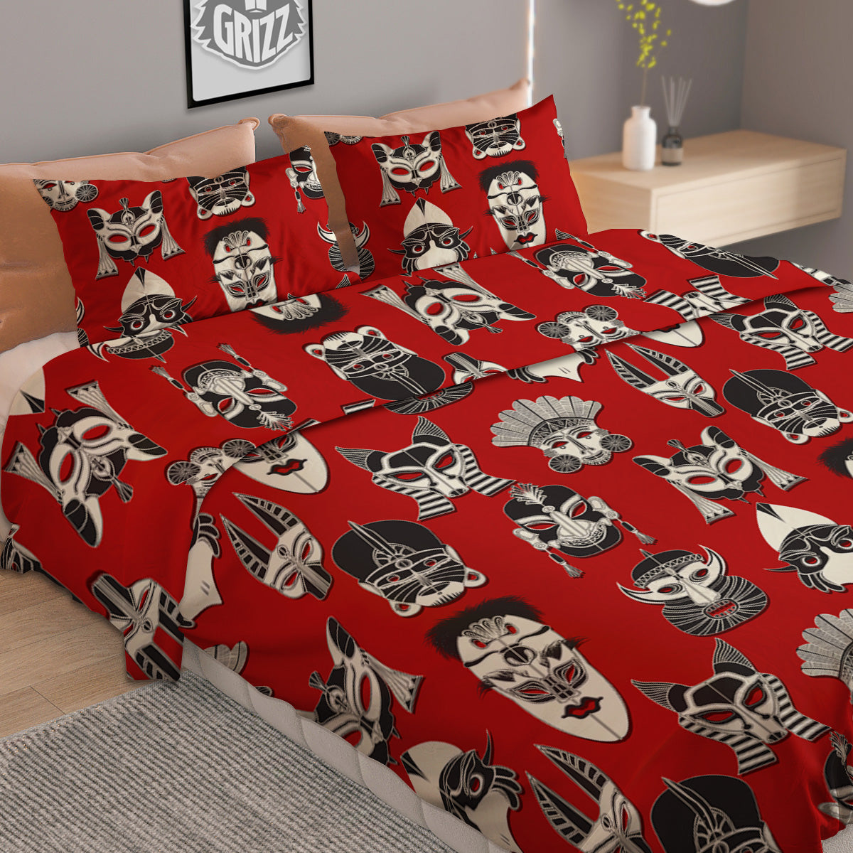 Red White Tribal Mask Print Pattern Duvet Cover Bedding Set