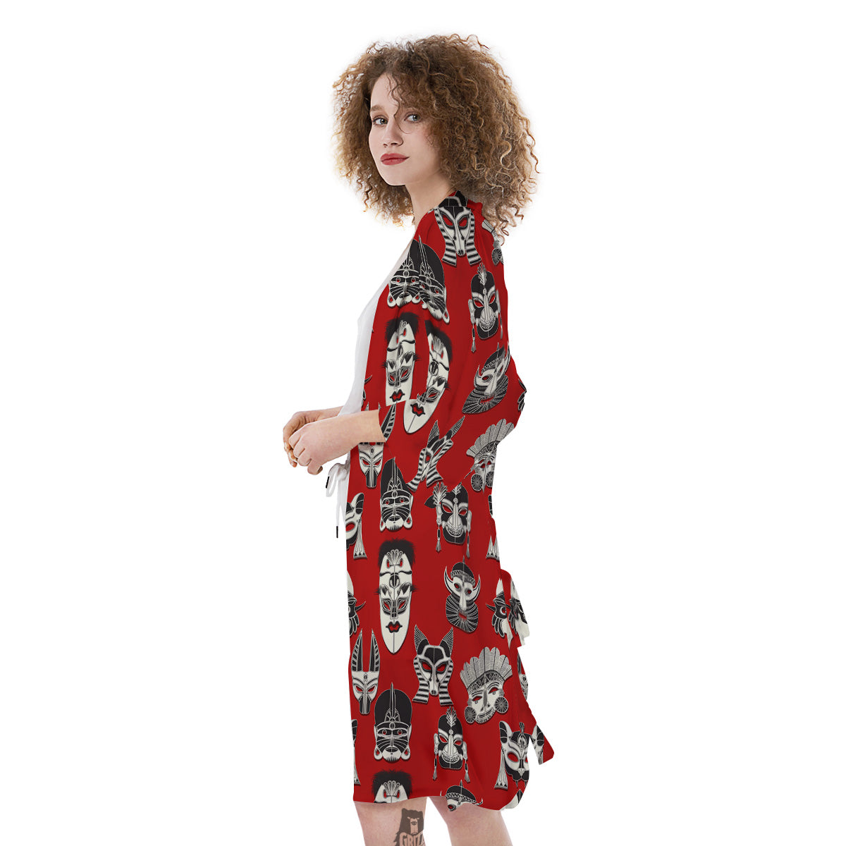 Red White Tribal Mask Print Pattern Kimono-grizzshop