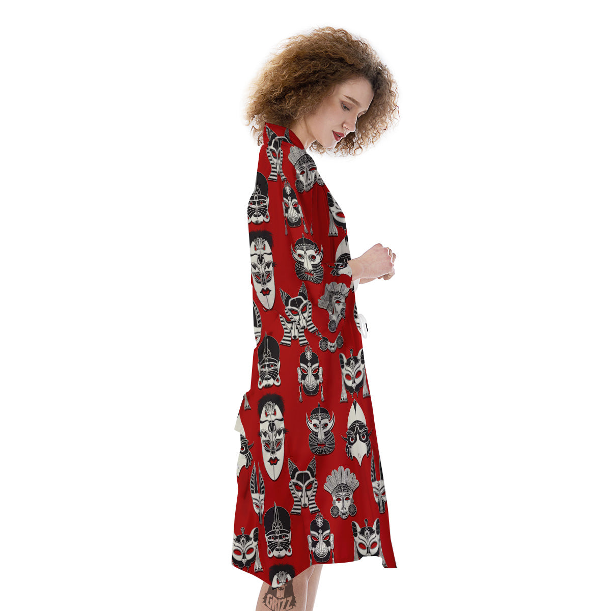 Red White Tribal Mask Print Pattern Kimono-grizzshop