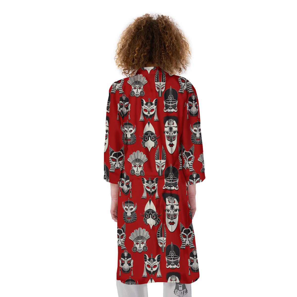 Red White Tribal Mask Print Pattern Kimono-grizzshop