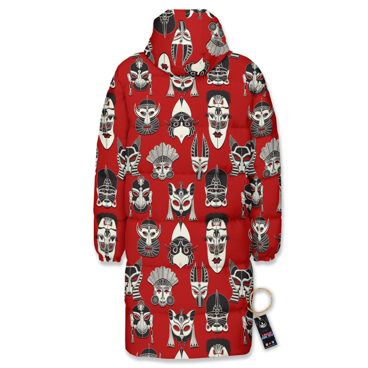 Red White Tribal Mask Print Pattern Long Down Jacket-grizzshop