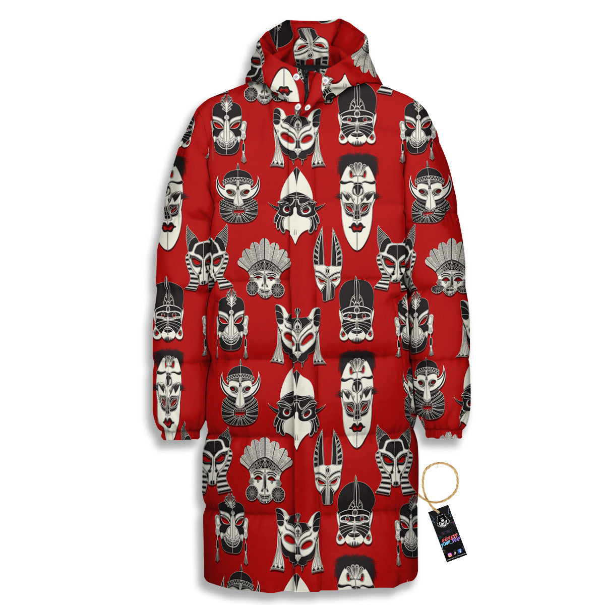 Red White Tribal Mask Print Pattern Long Down Jacket-grizzshop