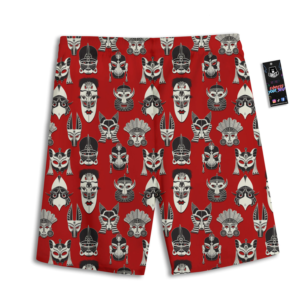 Red White Tribal Mask Print Pattern Men's Athletic Shorts
