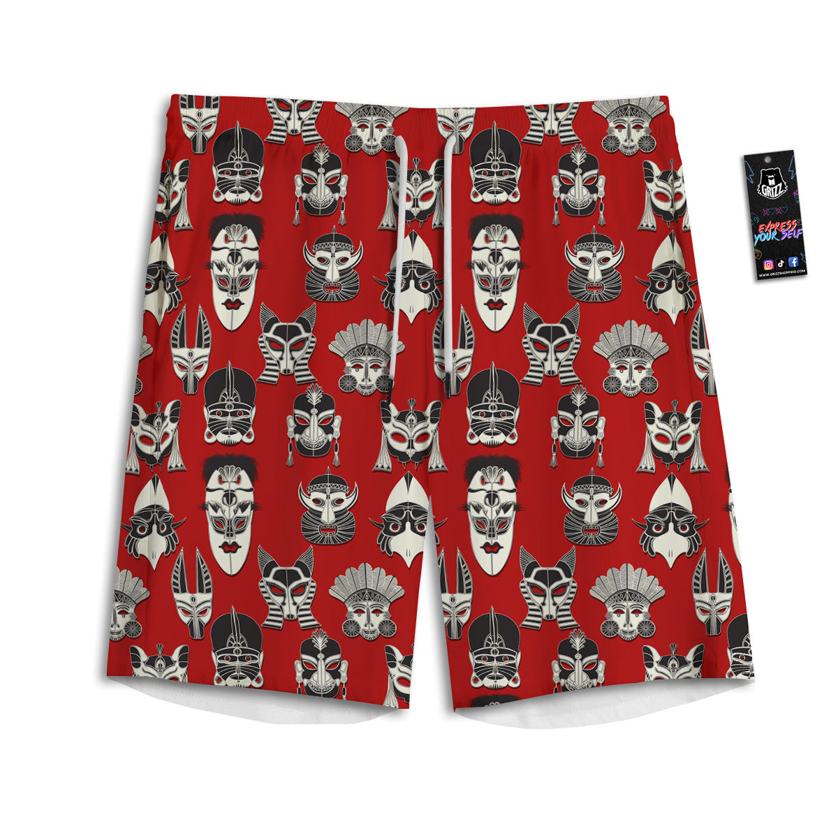Red White Tribal Mask Print Pattern Men's Athletic Shorts