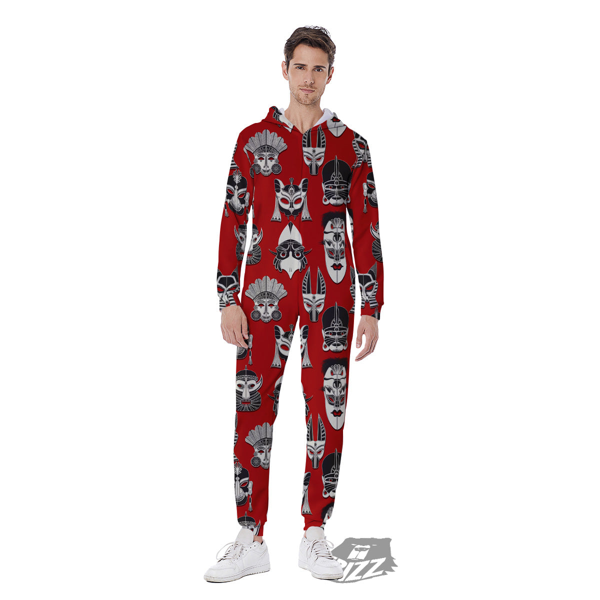 Red White Tribal Mask Print Pattern Men's Jumpsuit-grizzshop