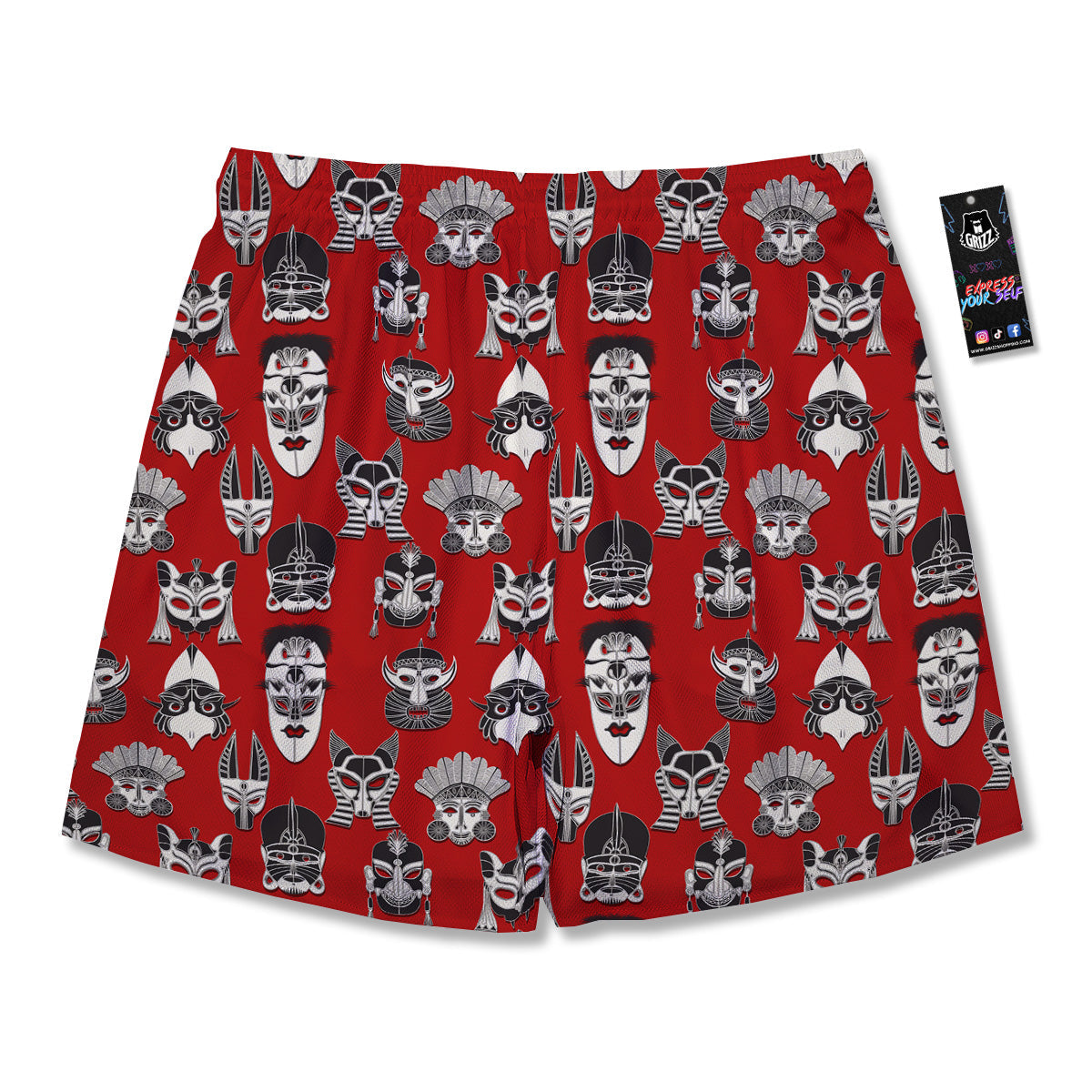 Red White Tribal Mask Print Pattern Men's Running Shorts-grizzshop