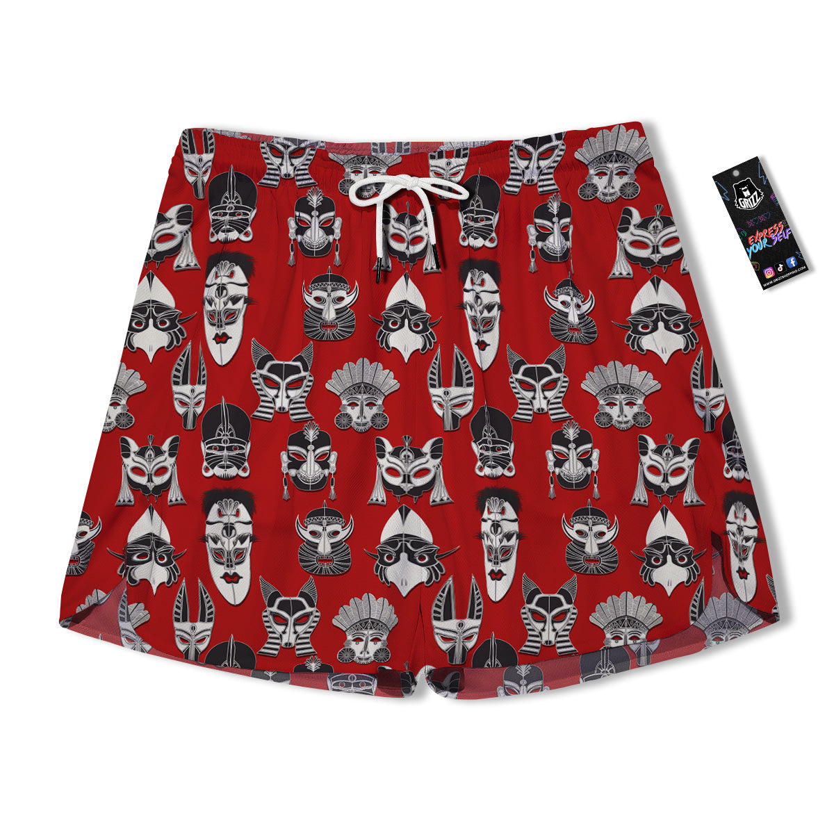 Red White Tribal Mask Print Pattern Men's Running Shorts-grizzshop