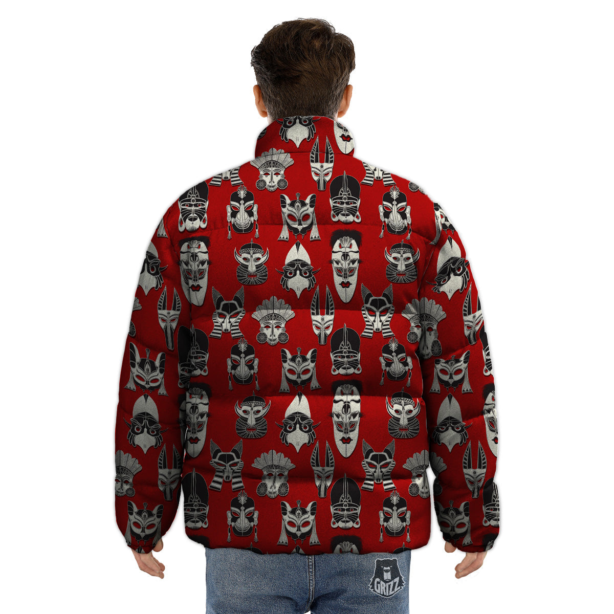 Red White Tribal Mask Print Pattern Puffer Jacket-grizzshop