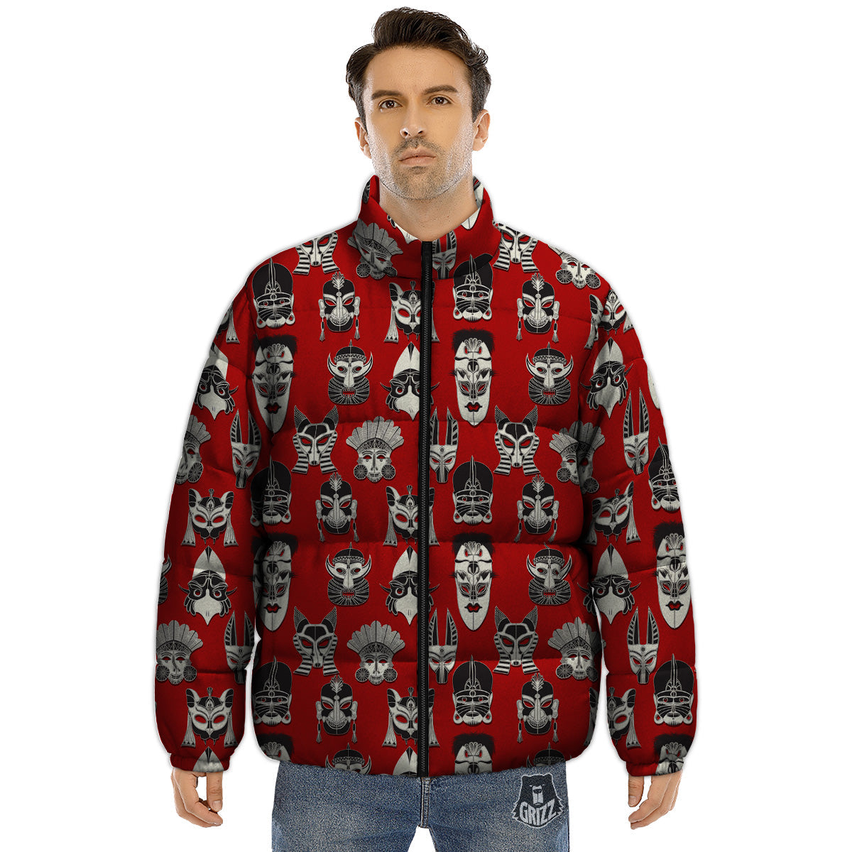 Red White Tribal Mask Print Pattern Puffer Jacket-grizzshop