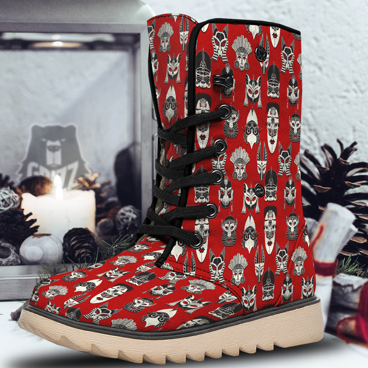 Red White Tribal Mask Print Pattern Snow Boots-grizzshop