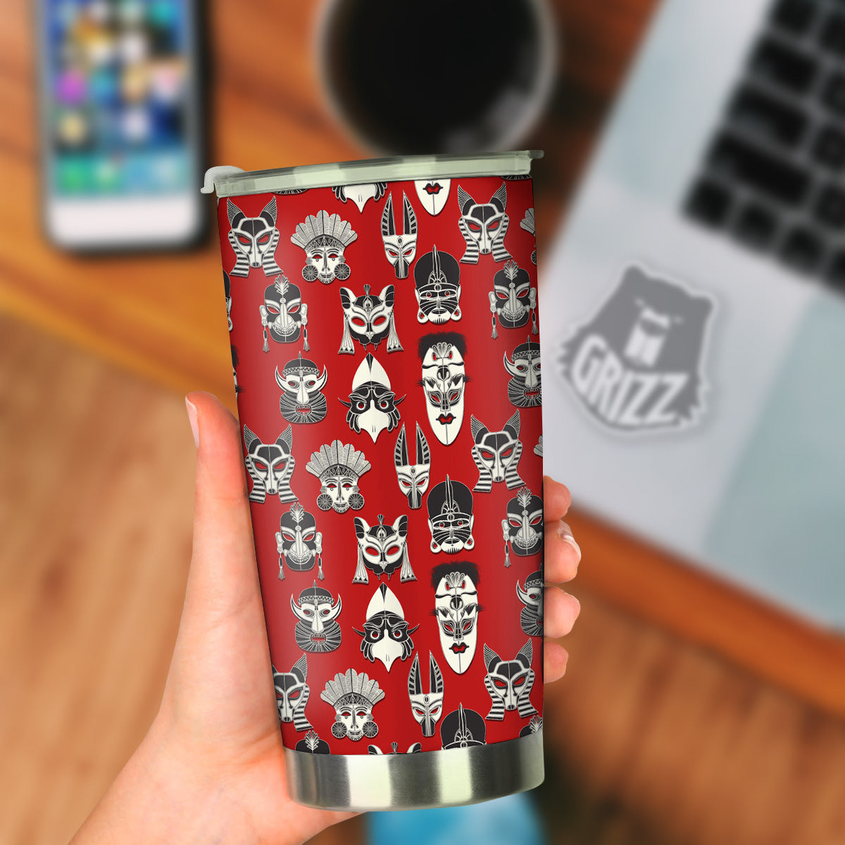 Red White Tribal Mask Print Pattern Tumbler-grizzshop