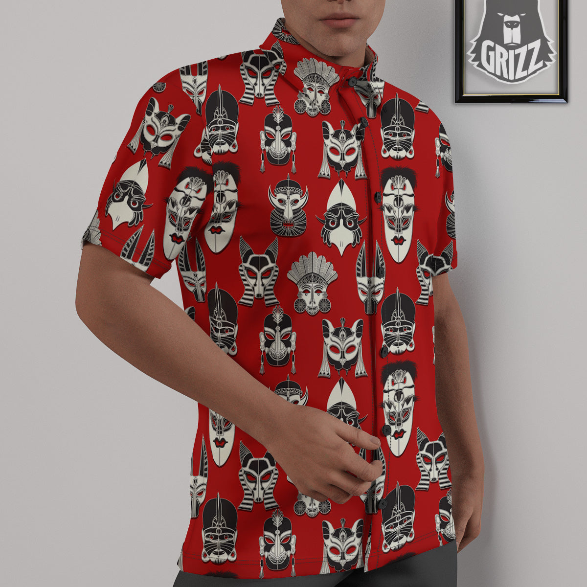 Red White Tribal Mask Print Pattern Untucked Shirts-grizzshop