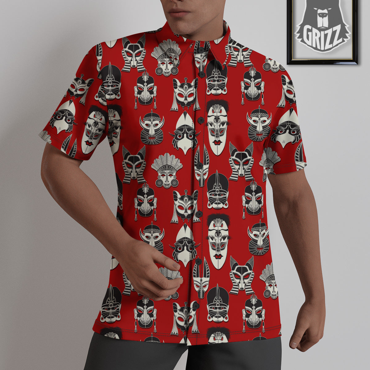 Red White Tribal Mask Print Pattern Untucked Shirts-grizzshop
