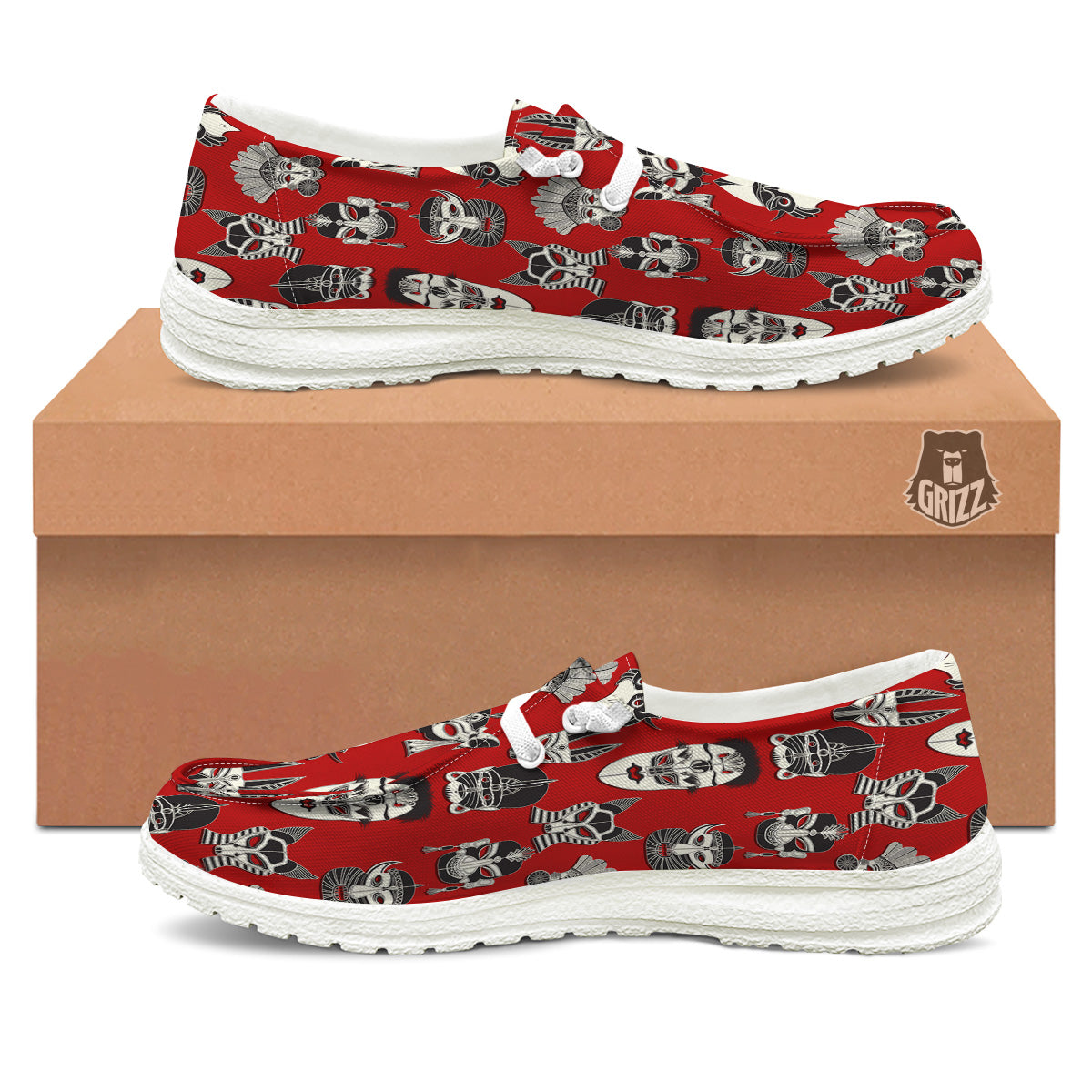 Red White Tribal Mask Print Pattern White Loafers-grizzshop