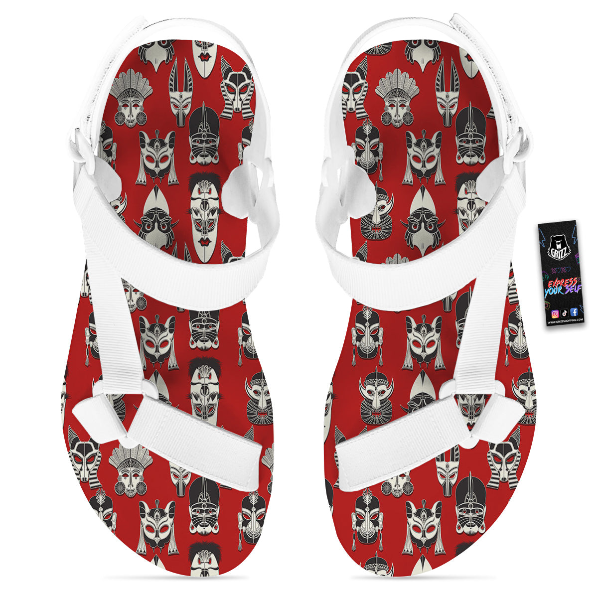 Red White Tribal Mask Print Pattern White Open Toe Sandals-grizzshop