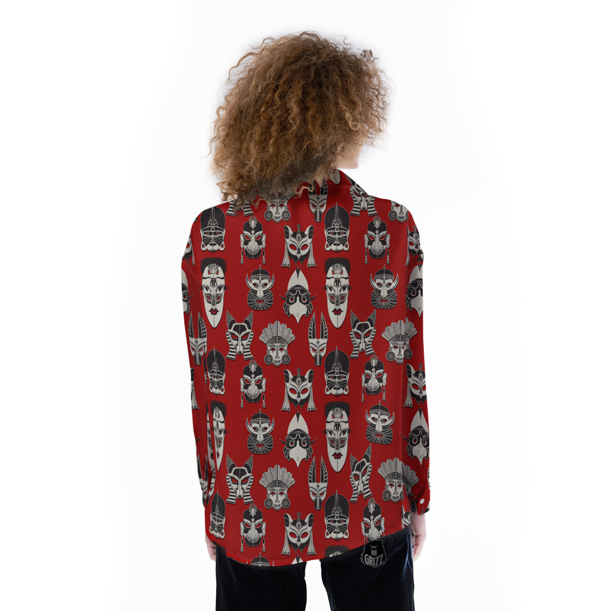 Red White Tribal Mask Print Pattern Women's Long Sleeve Shirts-grizzshop