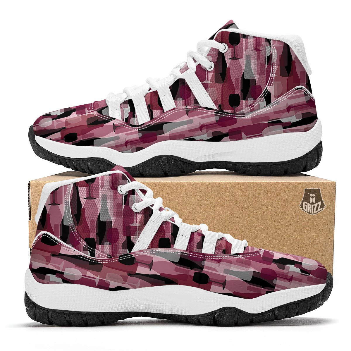 Red Wine Botttle Pattern Print White Bball Shoes-grizzshop