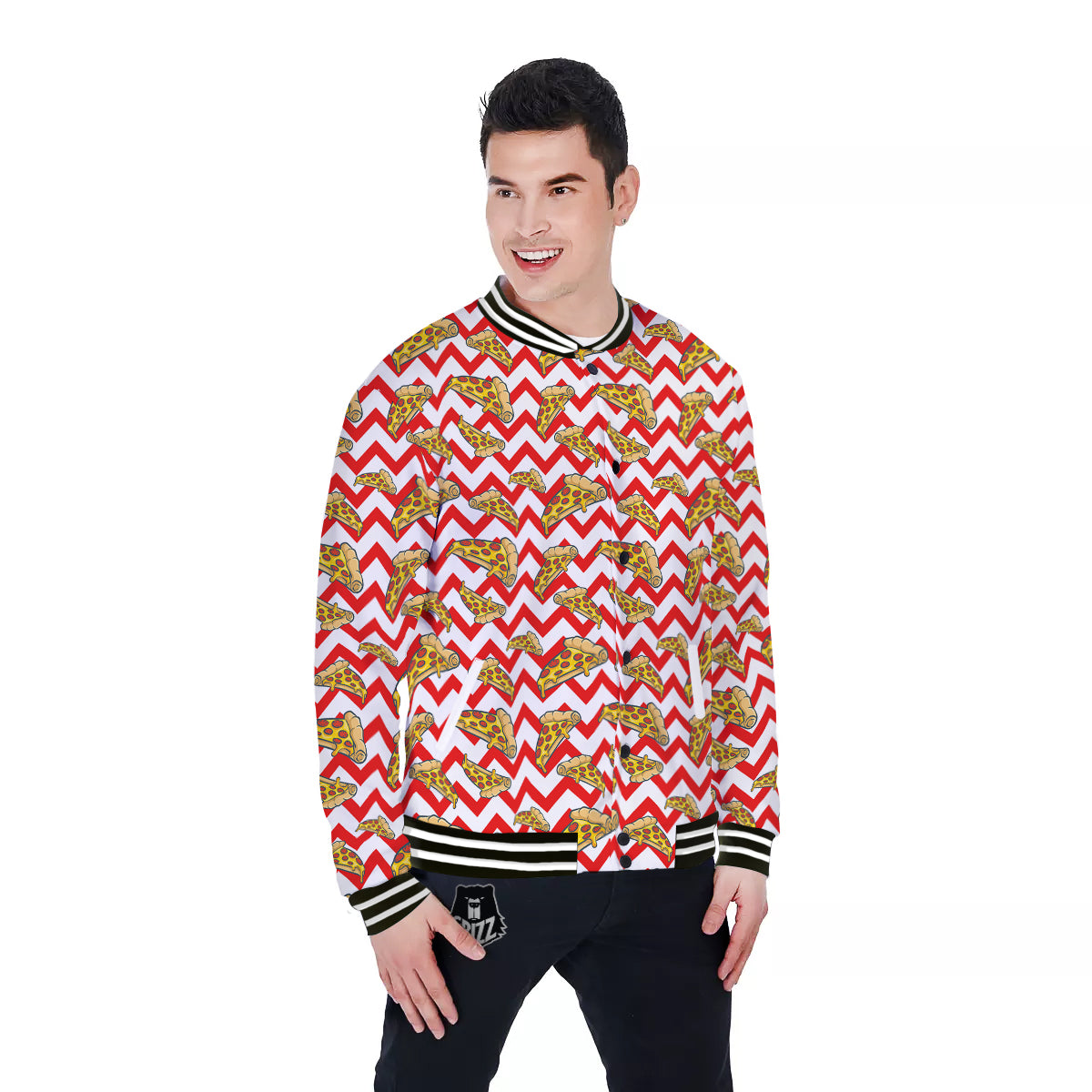 Red Zigzag Pizza Print Pattern Baseball Jacket-grizzshop