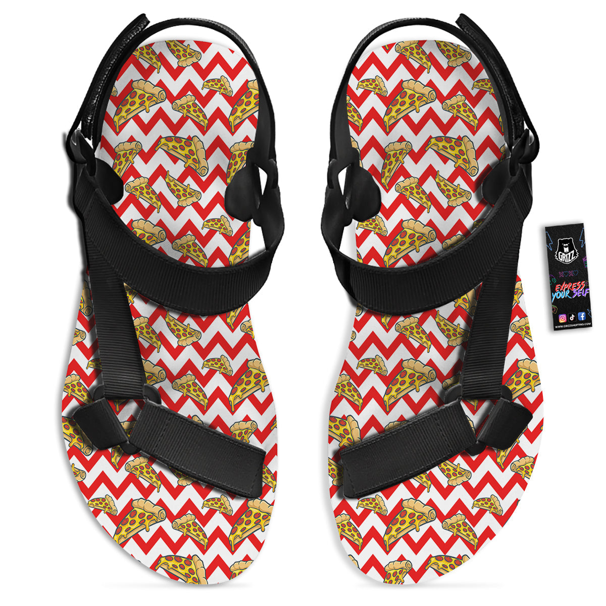 Red Zigzag Pizza Print Pattern Black Open Toe Sandals-grizzshop