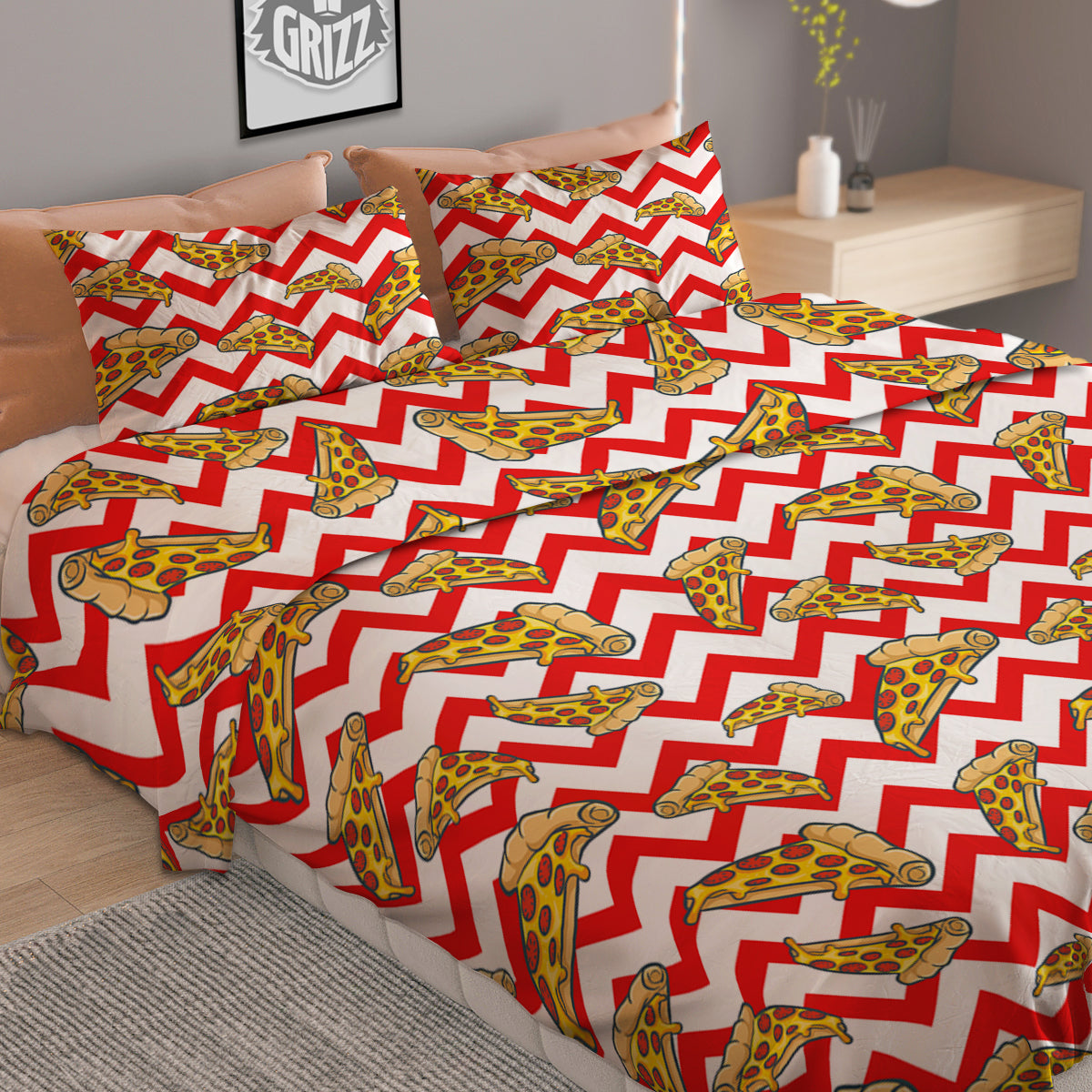 Red Zigzag Pizza Print Pattern Duvet Cover Bedding Set