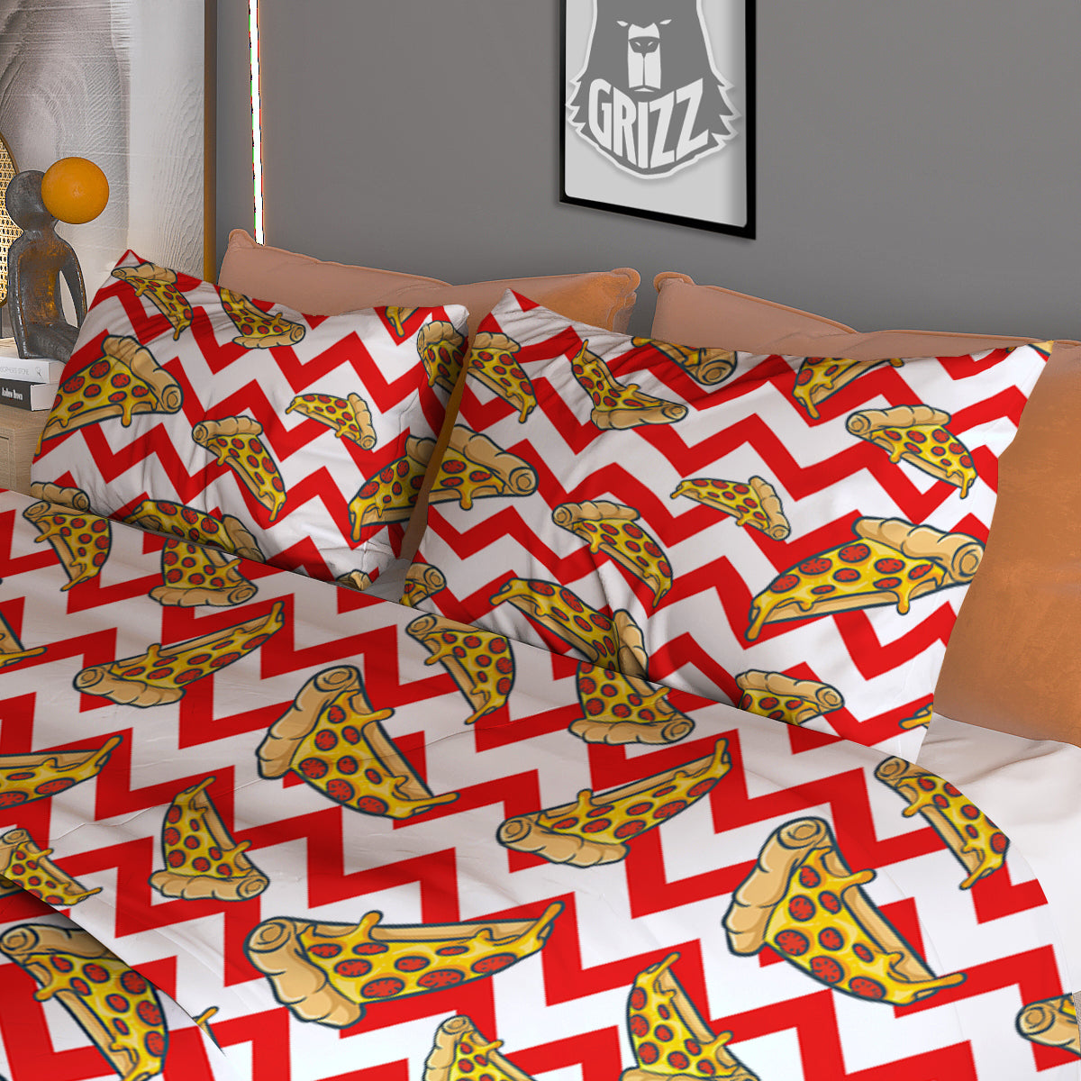 Red Zigzag Pizza Print Pattern Duvet Cover Bedding Set