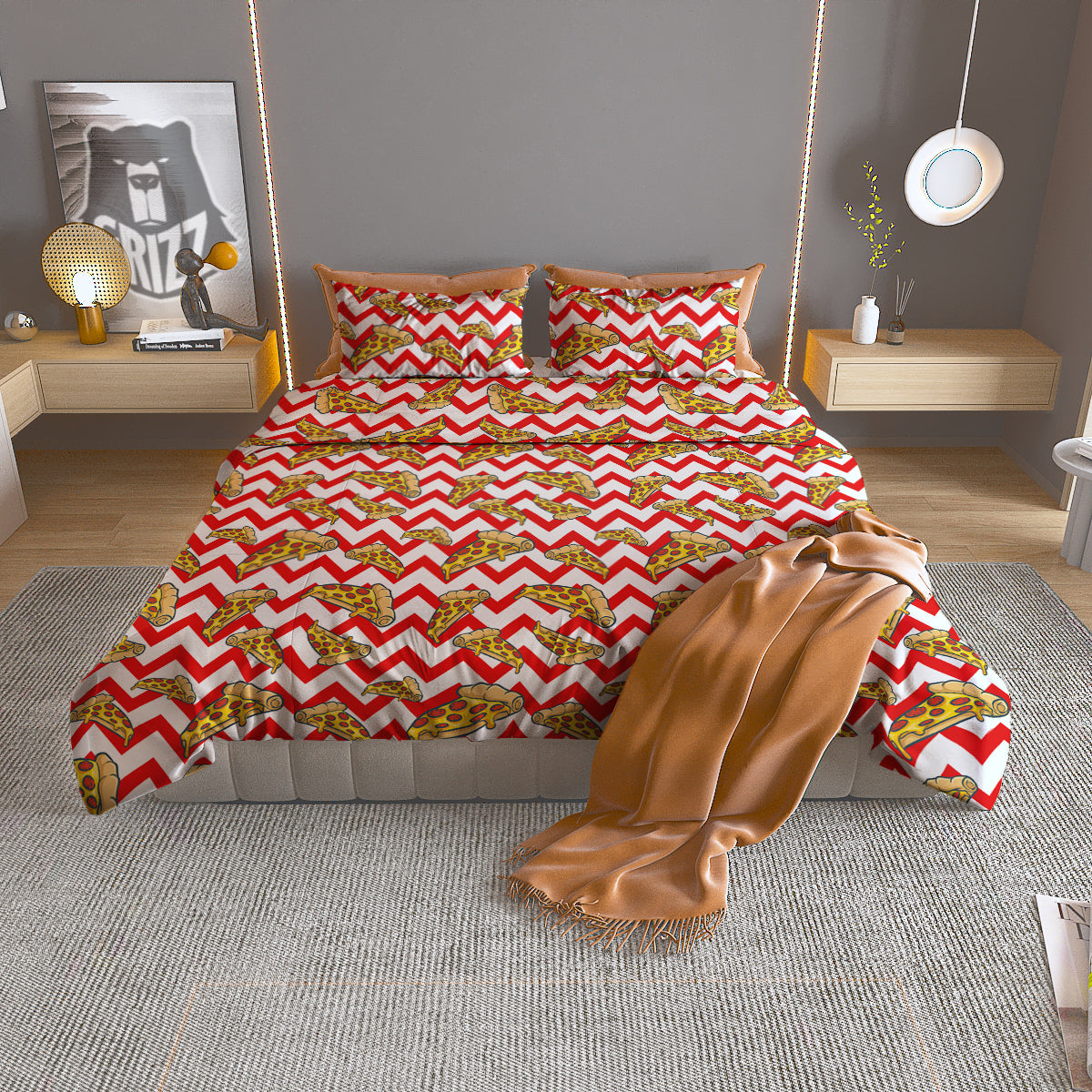 Red Zigzag Pizza Print Pattern Duvet Cover Bedding Set