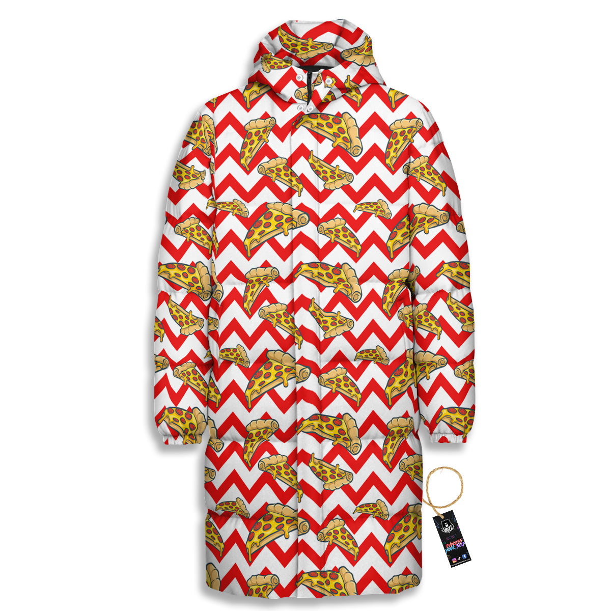 Red Zigzag Pizza Print Pattern Long Down Jacket-grizzshop