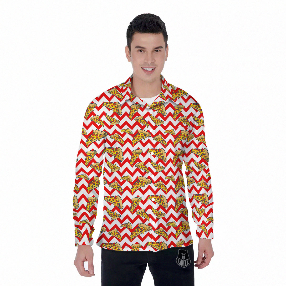 Red Zigzag Pizza Print Pattern Men's Long Sleeve Shirts-grizzshop
