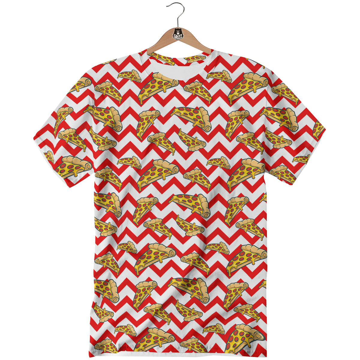 Red Zigzag Pizza Print Pattern T-Shirt-grizzshop