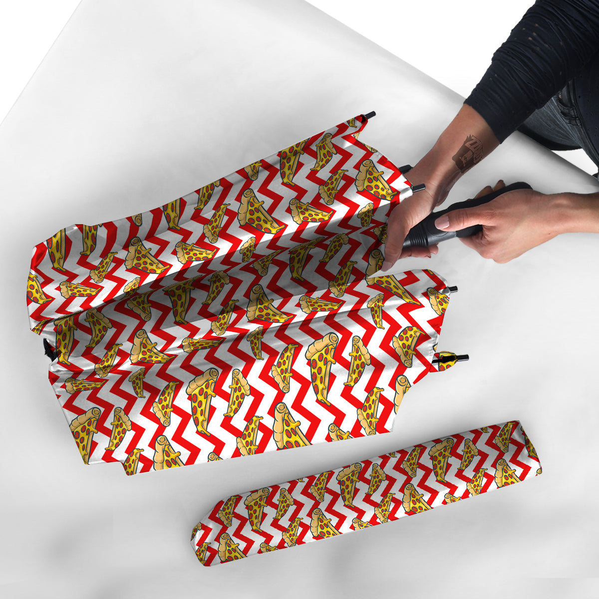 Red Zigzag Pizza Print Pattern Umbrella-grizzshop