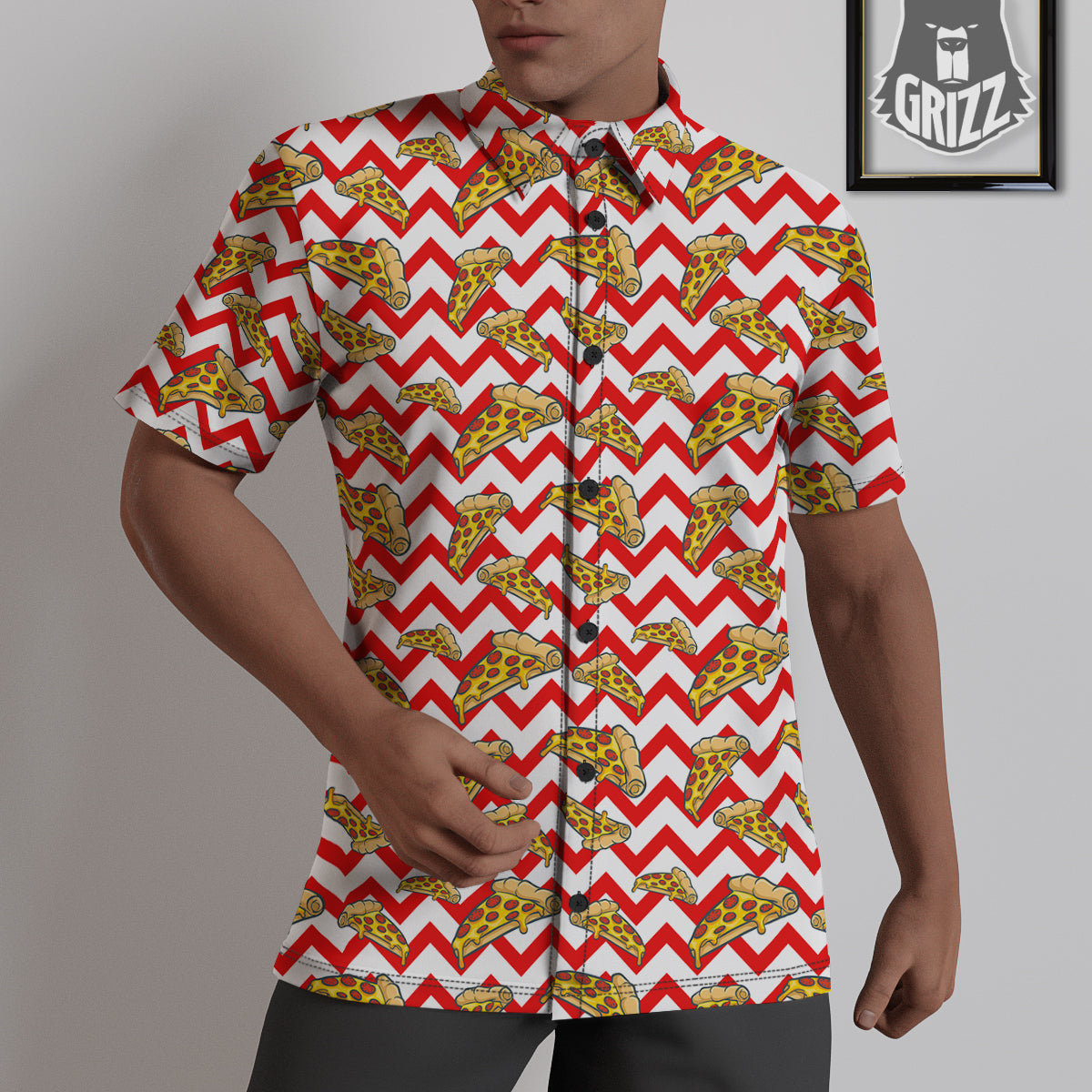 Red Zigzag Pizza Print Pattern Untucked Shirts-grizzshop