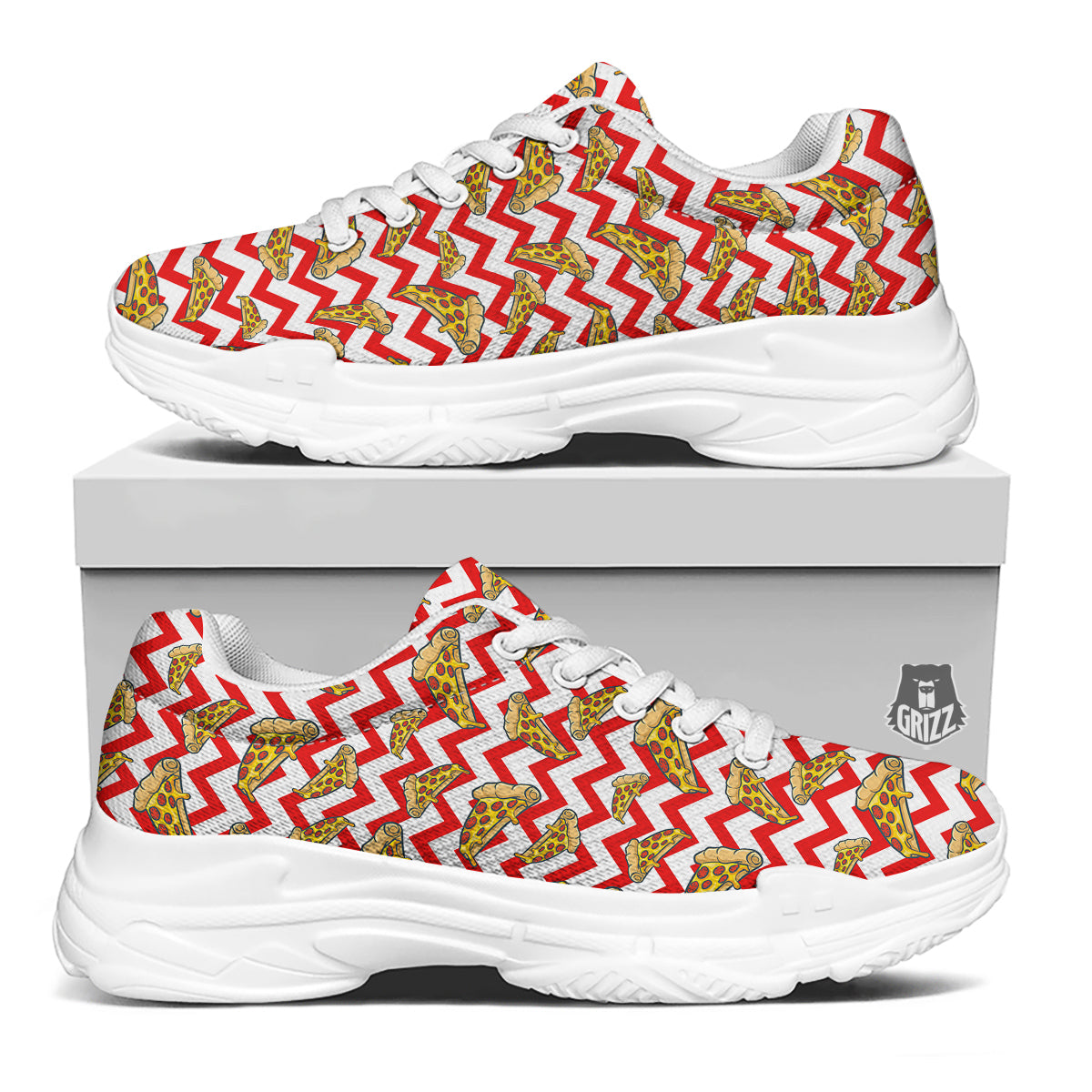 Red Zigzag Pizza Print Pattern White Chunky Shoes-grizzshop